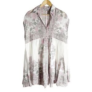 Juliet Dunn London White Floral Block Print Boho Cotton Shirt Mini Dress Size S